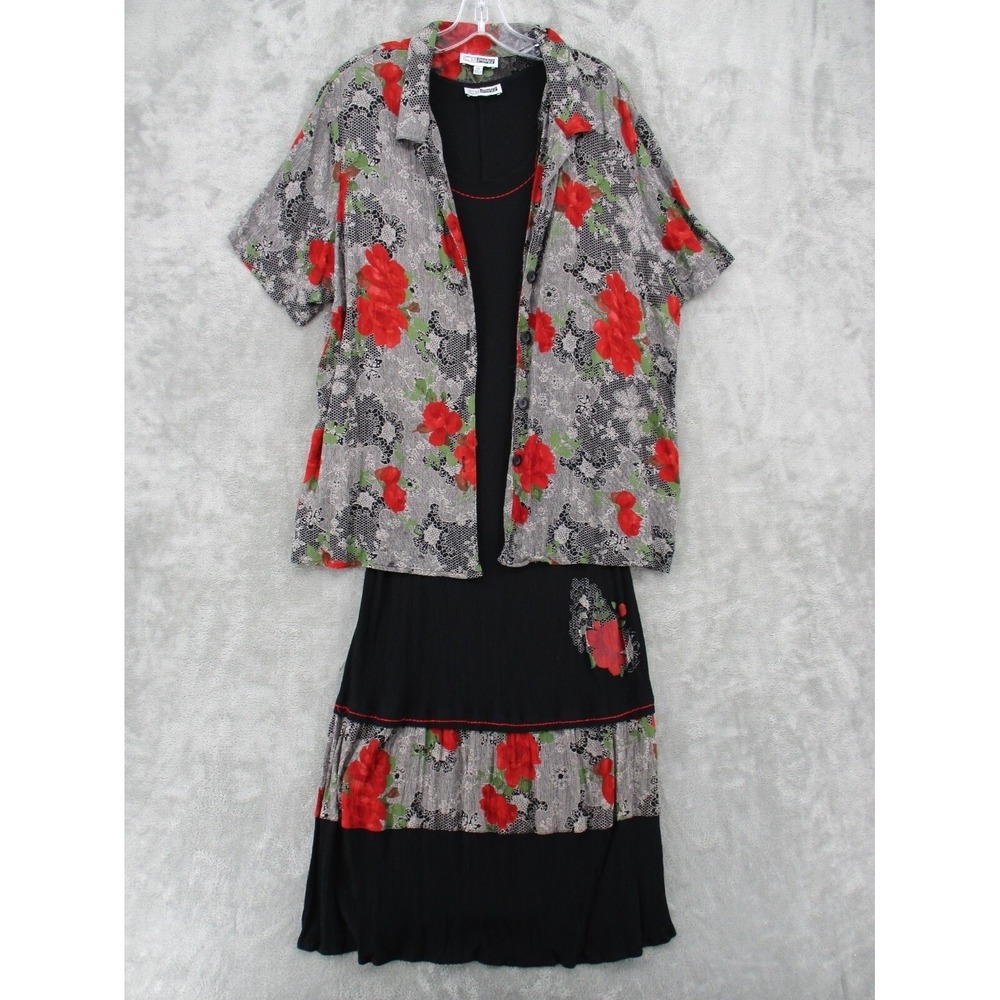 Vintage CM Shapes Dress Womens Size 2X Floral Maxi Lace Dark Romantic Modest Red